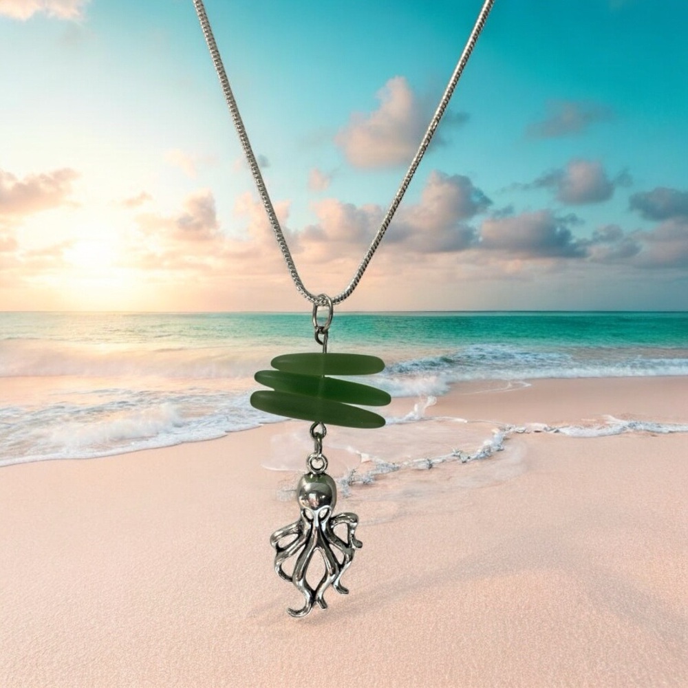 Silver Octopus Pendant Necklace with Green Accents